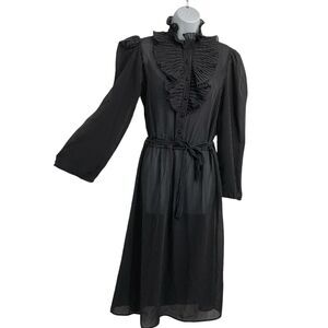 Vintage Eber San Francisco Dress size Medium Black Stripe Chiffon LS Ruffle Neck
